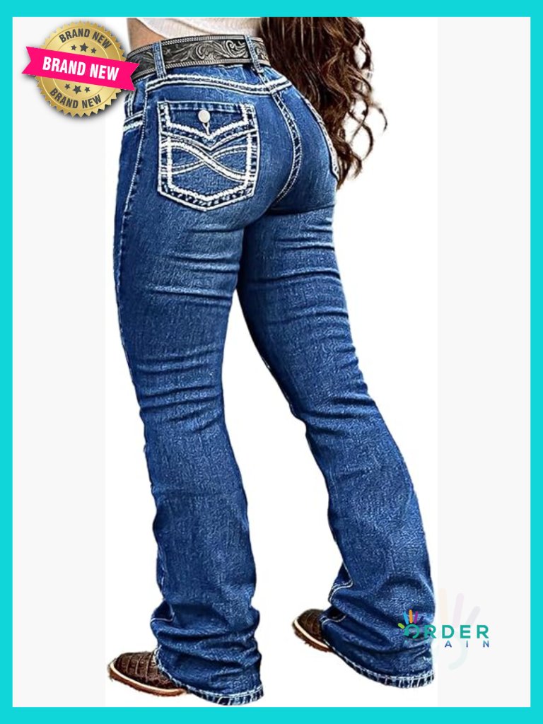 Bootcut Jeans Mid Rise Tummy Control Stretchy Flare Denim With Embroidery